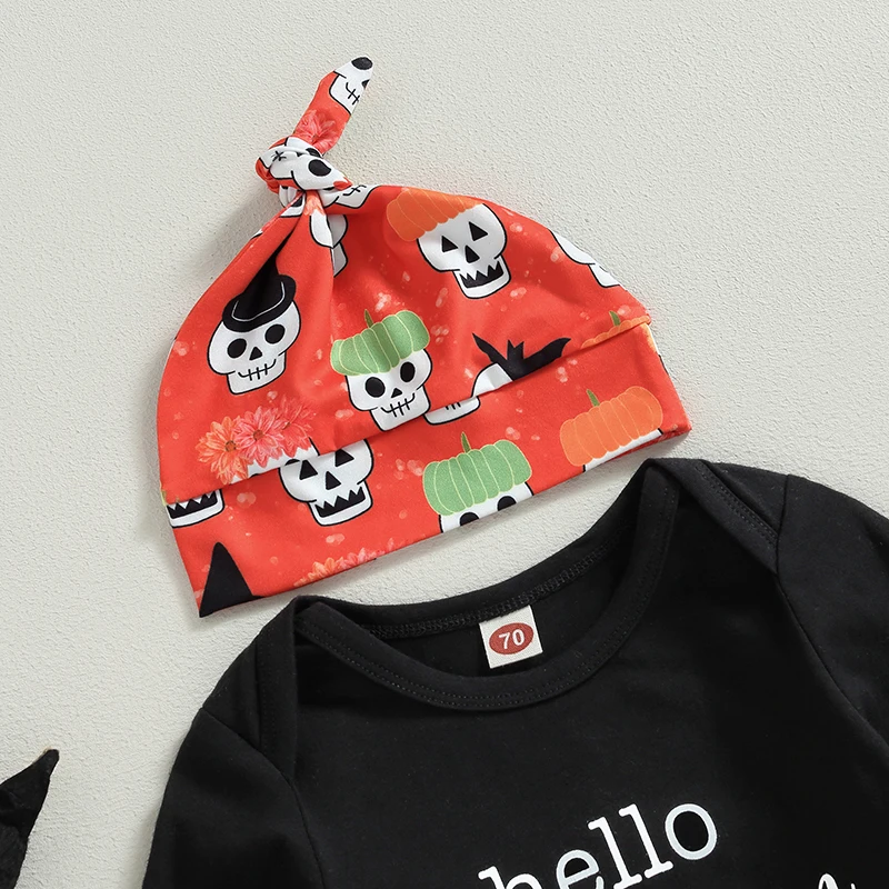 

Newborn Baby Boy Halloween Outfit Pumpkin Print Long Sleeve Romper Pants Hat Infant Halloween Clothes Set