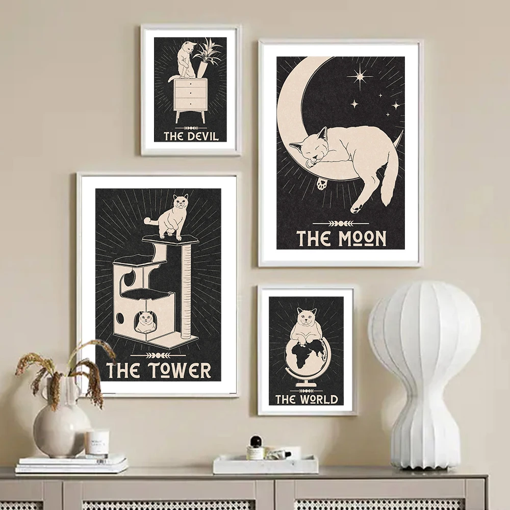 

Black And White Cat Retro Tarot Card Retro Poster Print,Moon Star,Magic Divine,Bed Room Wall Art,Canvas Painting,Room Home Decor