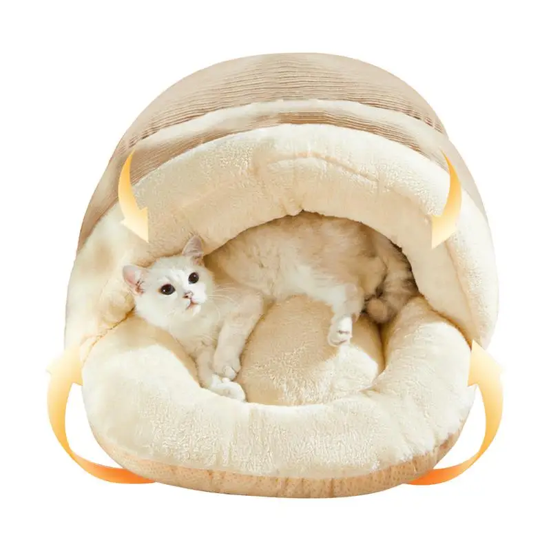 

Вельветовая кровать для домашних животных, полузакрытая кровать для котят, пещера, тапочки, флисовая подкладка, теплая мягкая Лежанка для кошек, кровать для кролика