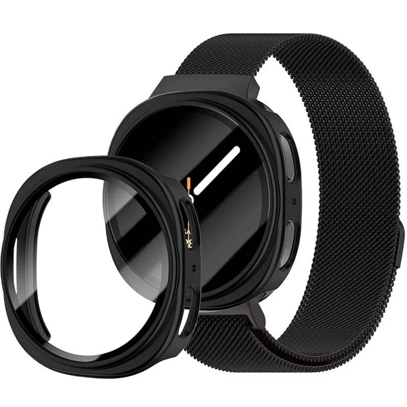 Premium Stainless Steel Watch Band with Tempered Glass Case for Samsung Galaxy Watch 8