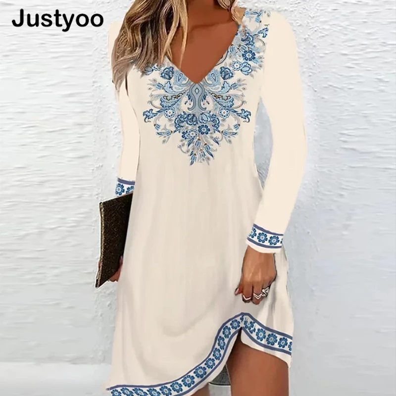 

2023 Lady Long Sleeve V-neck Office Party Dress Women Slim Commute Dress Vintage Elegant Floral Print Summer One Piece Dresses