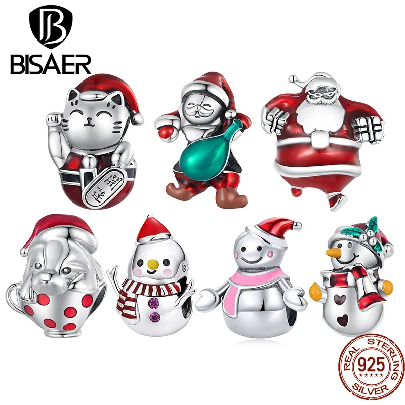 

BISAER 925 Sterling Silver Christmas Snowman Charm Fortune Cat Santa Claus Bead Fit Women Bracelet DIY Fine Jewelry Gift ECC2414