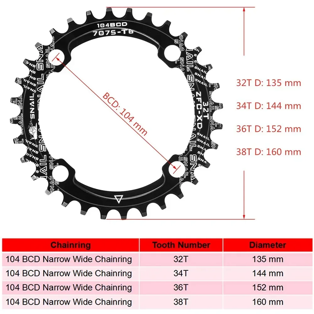 104 bcd 자전거 체인휠, 32T, 34T, 36T, 38T, 40T, 42T, 원형, 타원형 크라운, 좁은 폭, MTB 산악 자전거 크랭크셋 체인링