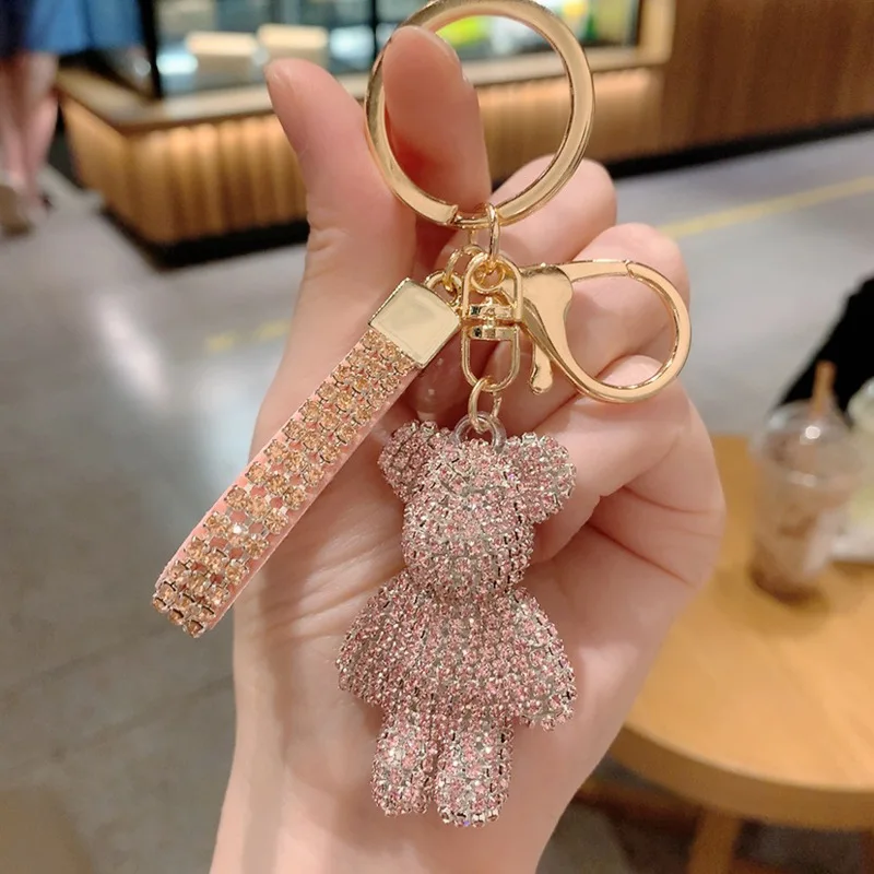 Fancy Strass Rhinestone Diamond Bear Animal Keychain Leather Strap Bear  Animal Car Key Chain Bag Pendant Llaveros Para Mujer