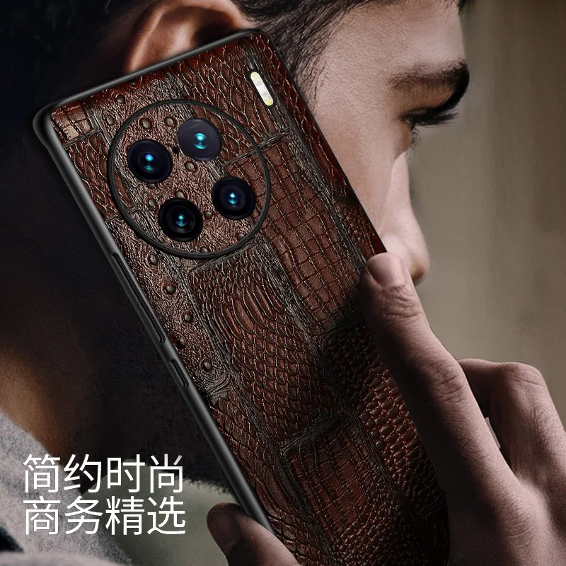 For VIVO X90 Pro Plus Phone Case Anti-knock Alligator pattern Classic Genuine Leather Soft TPU Back Cover