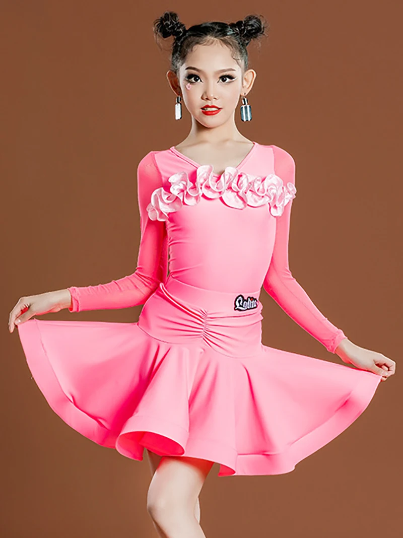 

Latin Dance Dress Clothes Kids Ruffles Long Sleeve Tops Skirt Women Girls Tango Costume Cha Cha Rumba Performance Dancewear
