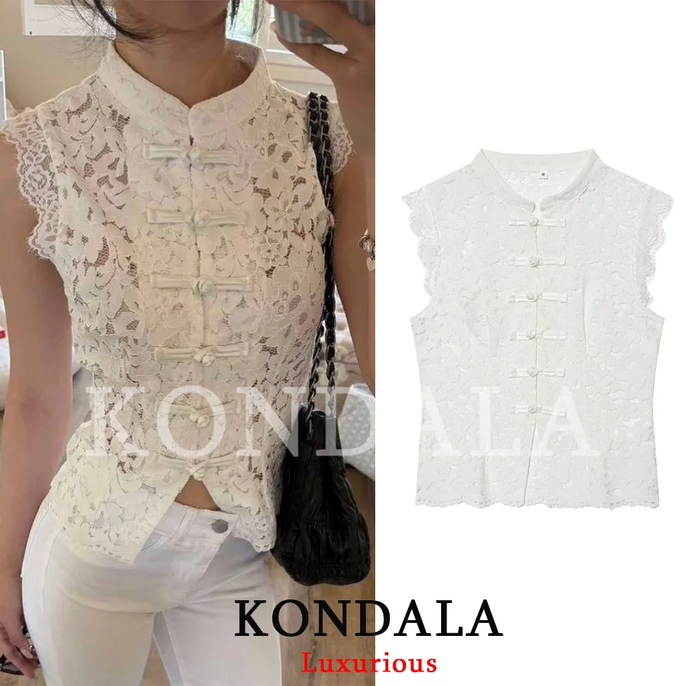 KONDALA Festliches, sexy schickes Damen-Tanktop mit Spitze, Knöpfen, Cut-Outs und Umlegekragen, ärmelloses Oberteil, modisch, Frühjahr/Sommer 2026 – Detail 3