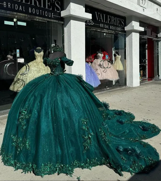 

Женское блестящее платье Hunter Green, роскошное блестящее платье с открытыми плечами и шлейфом в стиле часовни, с 3D цветами, милое платье для выпускного вечера 15-16 лет