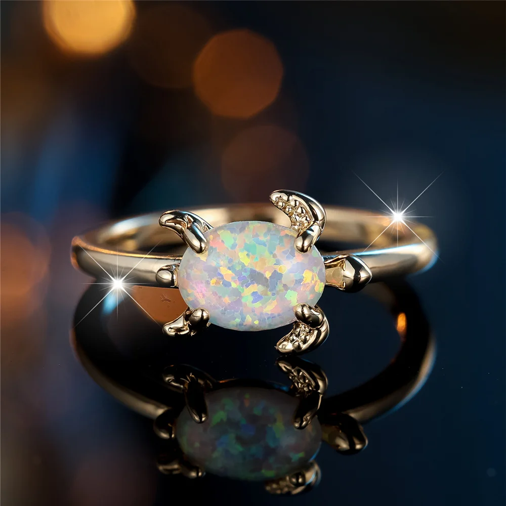 Charm Female White Fire Opal Stone Round Turtle Ring Gold Color Wedding Jewelry For Women