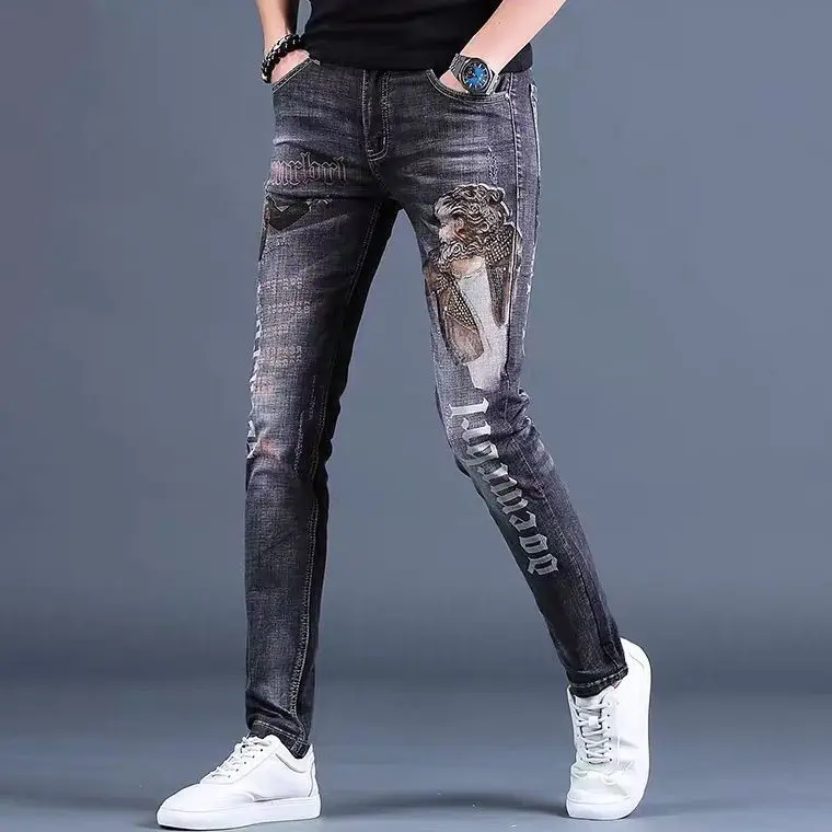 Pantalones vaqueros ajustados con estampado gráfico para hombre, estilo hip hop, para motocicleta, de corte acampanado, rectos, de alta calidad, tallas XS