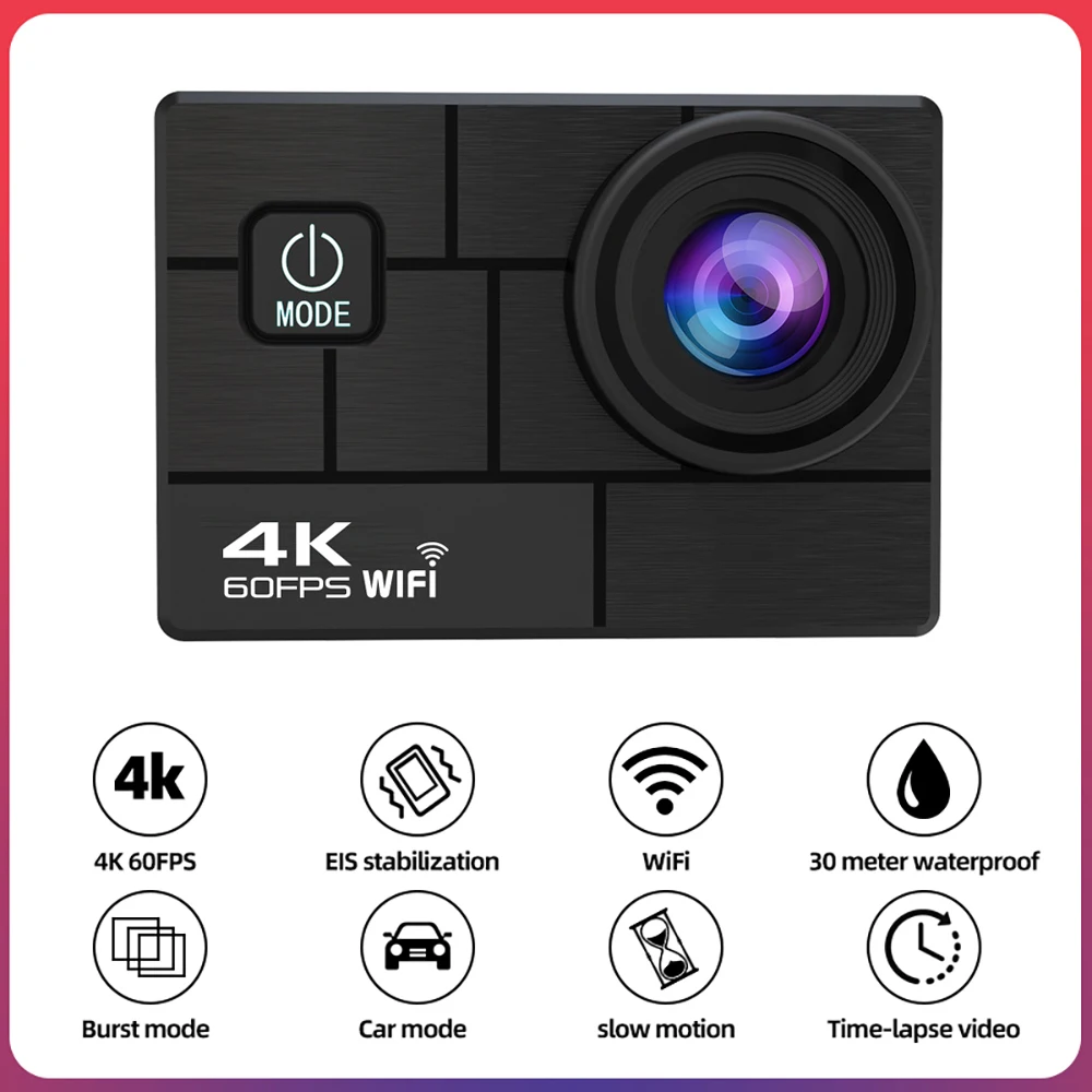 Экшн-камера Ultra HD 4K, 60 к/с, экран 2,0 дюйма, 30 м