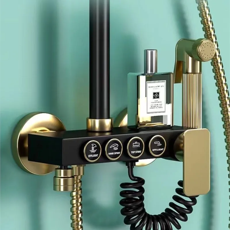 Bathroom Black Gold Button Shower Shower Set Nozzle Booster Hot And Cold System Brass Hotel Home Bathroom Accessories shower set