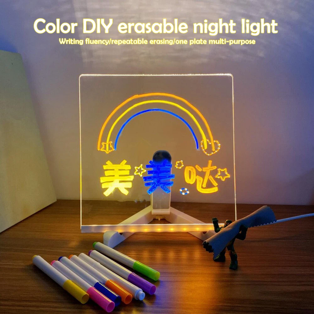 야간 조명이있는 LED 노트 보드 다채로운 7 펜 DIY 아크릴 메시지 보드 어린이를위한 어린이 그림 보드 생일 선물