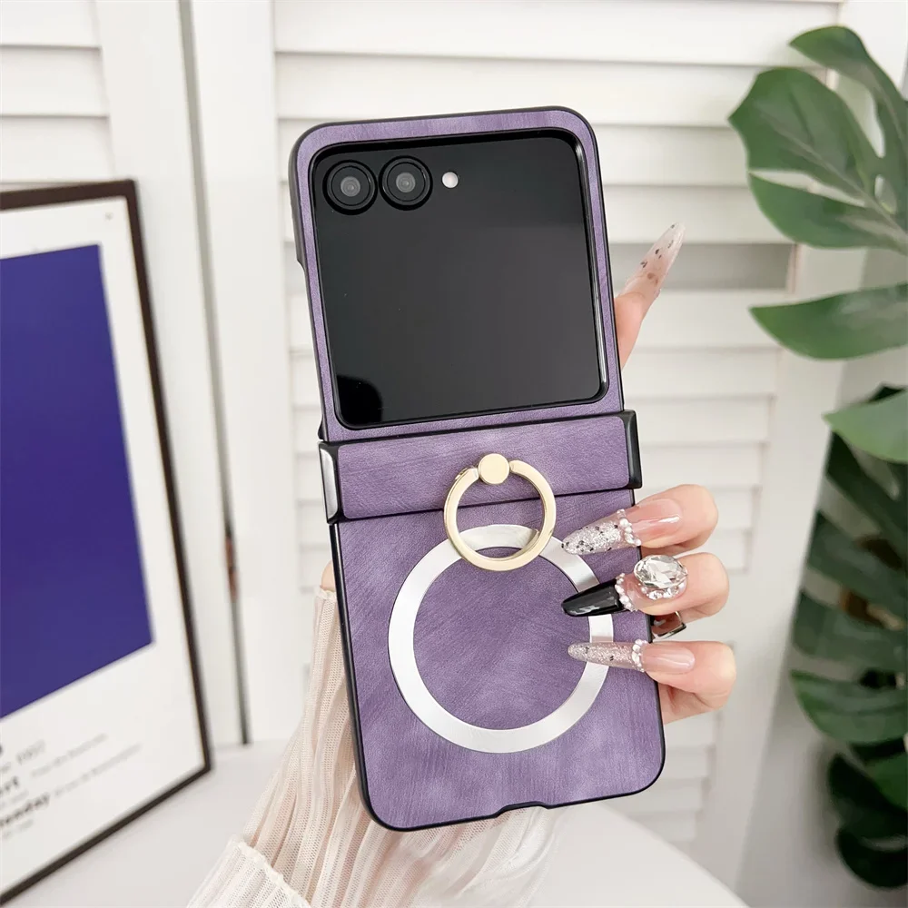 Wireless Charging Leather Shockproof Phone Case with Ring Hinge Protective Cover