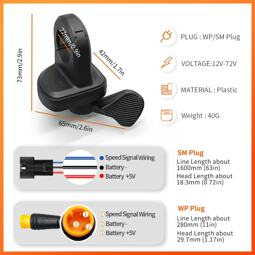 Electric Bike Thumb Throttle 3Pin Male Waterproof Plug Right Hand Throttle for 12V 24V 36V 48V 72V Electric Bicycle Accelerator electric bike throttle electric bike parts