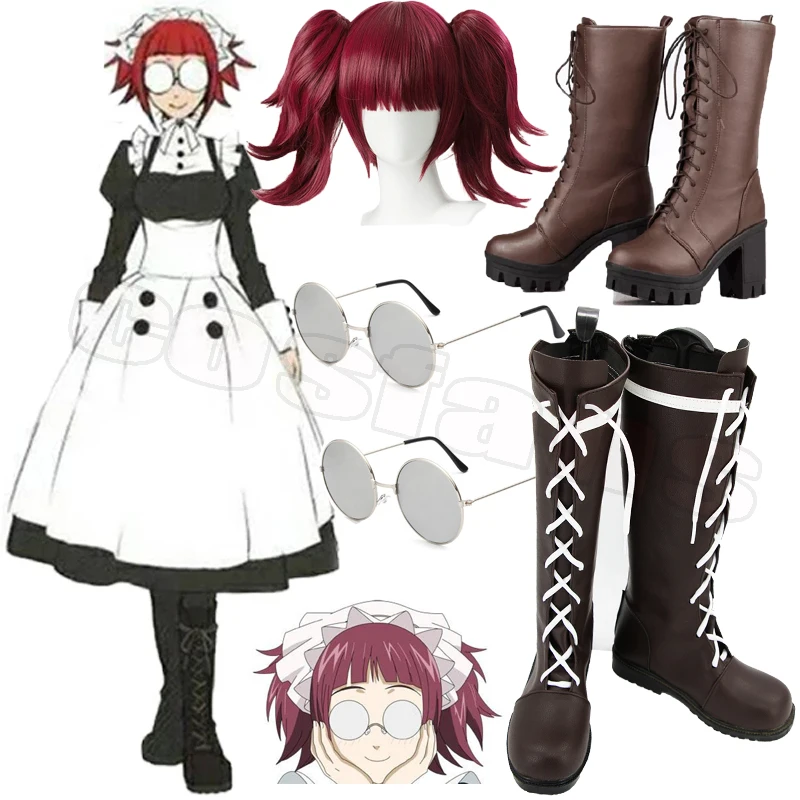 

Black Butler Mey Rin Anime Cosplay Shoes Boots Unisex Party Cosplay Full Synthetic Wigs With Chip Ponytails Halloween Glasses