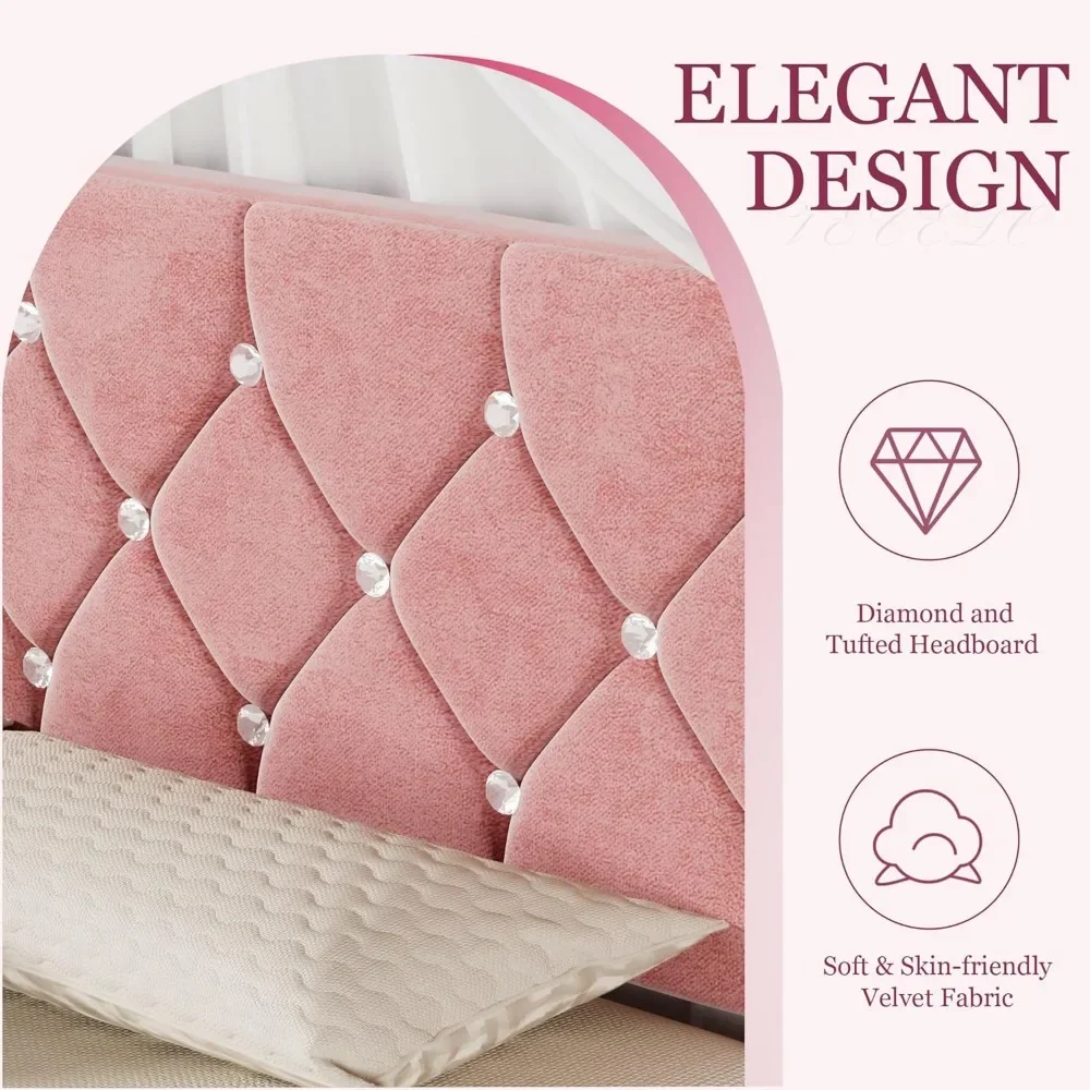 Full Size Bed Frame, Upholstered Platform with Adjustable Diamond Tufted Headboard, Wood Slat Support, No Box Spring Needed 4