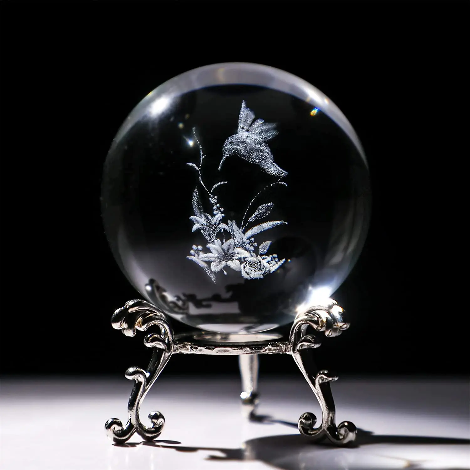 

H&D 3D Hummingbird Crystal Ball Paperweight 60mm(2.3Inch) Laser Engraved Glass Sphere Home Decor with Metal Stand