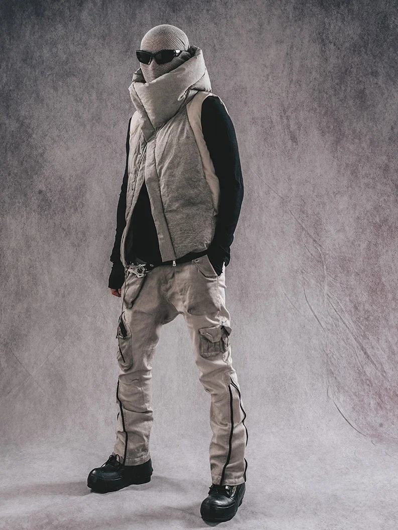 WasteLand Frost Color Turtleneck Collar Distressed Color Matching Oblique Zipper Warm down Hooded All-Matching Outer Wear Vest