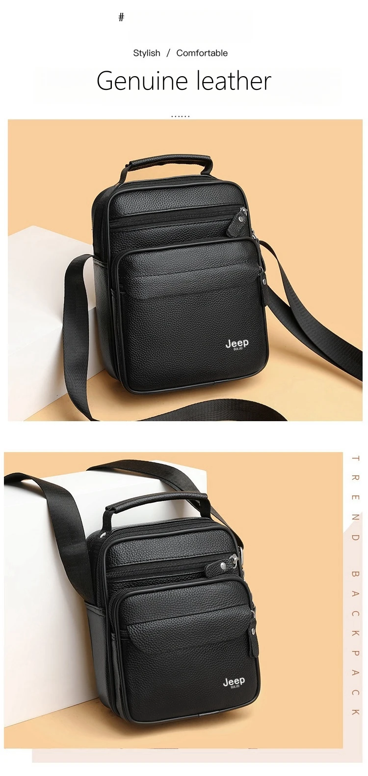 JEEP BULUO Brand Genuine Leather Men Shoulder Bags Black High Quality Male Cow Leather Crossbody Tote Handbags Business Fashion
