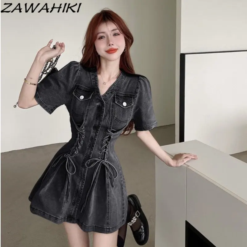 

Chic Designed V-neck Short Puff Sleeve Drawstring Slim Waist Dress Women Summer Solid Color Y2K Streetwear Vestidos De Mujer