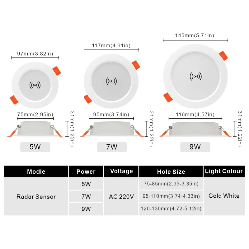 Radar Led Downlight 5W-9W 220V Human Sensor Ceiling Light 2.5/3/4 inch Round Led Panel Down Light Spotlight Lighting 2pcs/lot