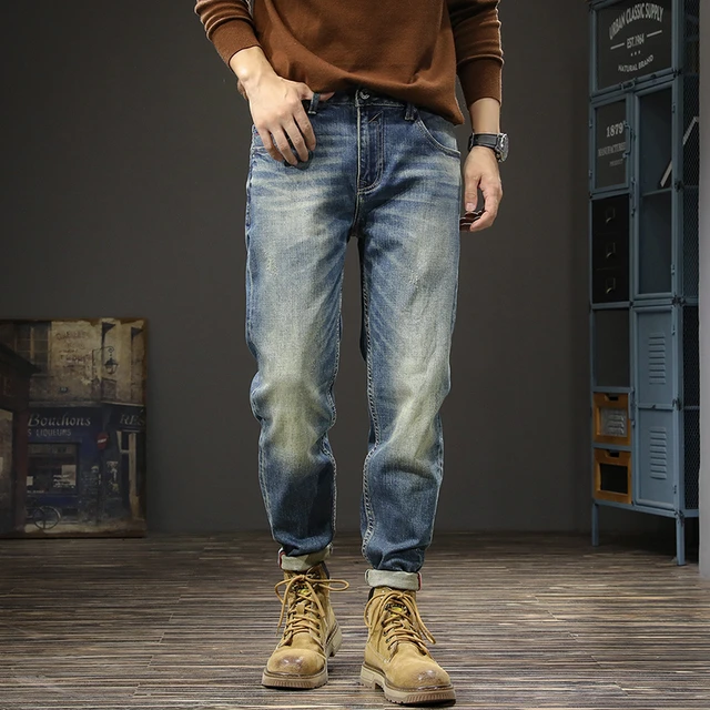 Newly Designer Fashion Men Jeans High Quality Retro Blue Elastic