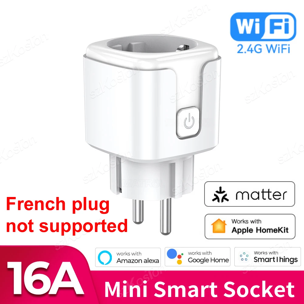 16A Matter EU WiFi Smart Socket Home Appliance Mini Smart Plug Adapter APP Control Timer Funktioniert mit HomeKit Siri Alexa Google