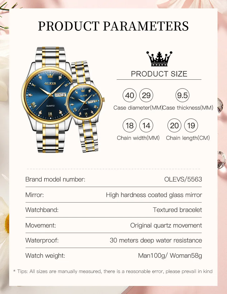 OLEVS Couple Quartz Watch Double Calendar Clock Waterproof Ladies Wrist Watches for Women Men