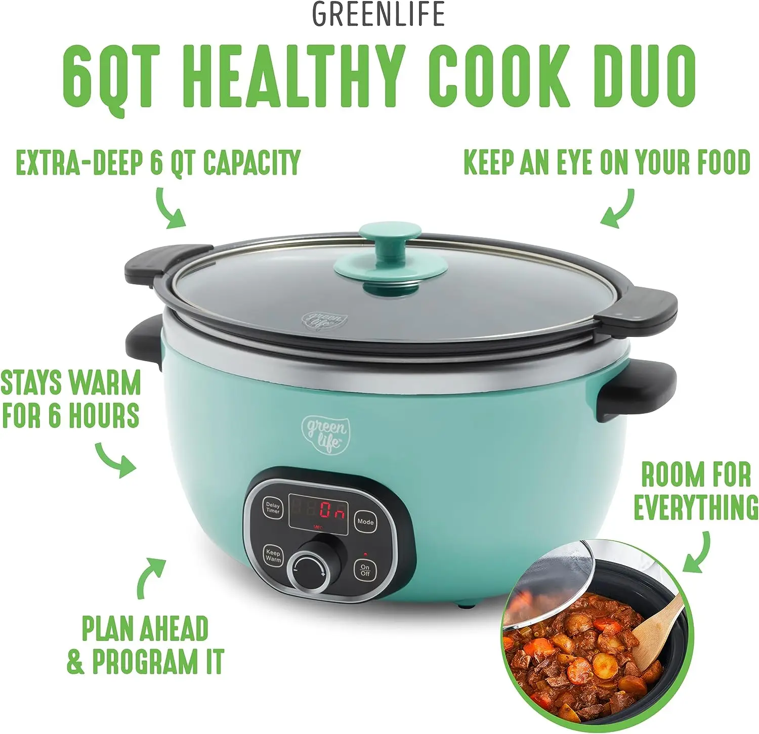 GreenLife Healthy Cook Duo 6 Quart Slow Cooker, Turquoise