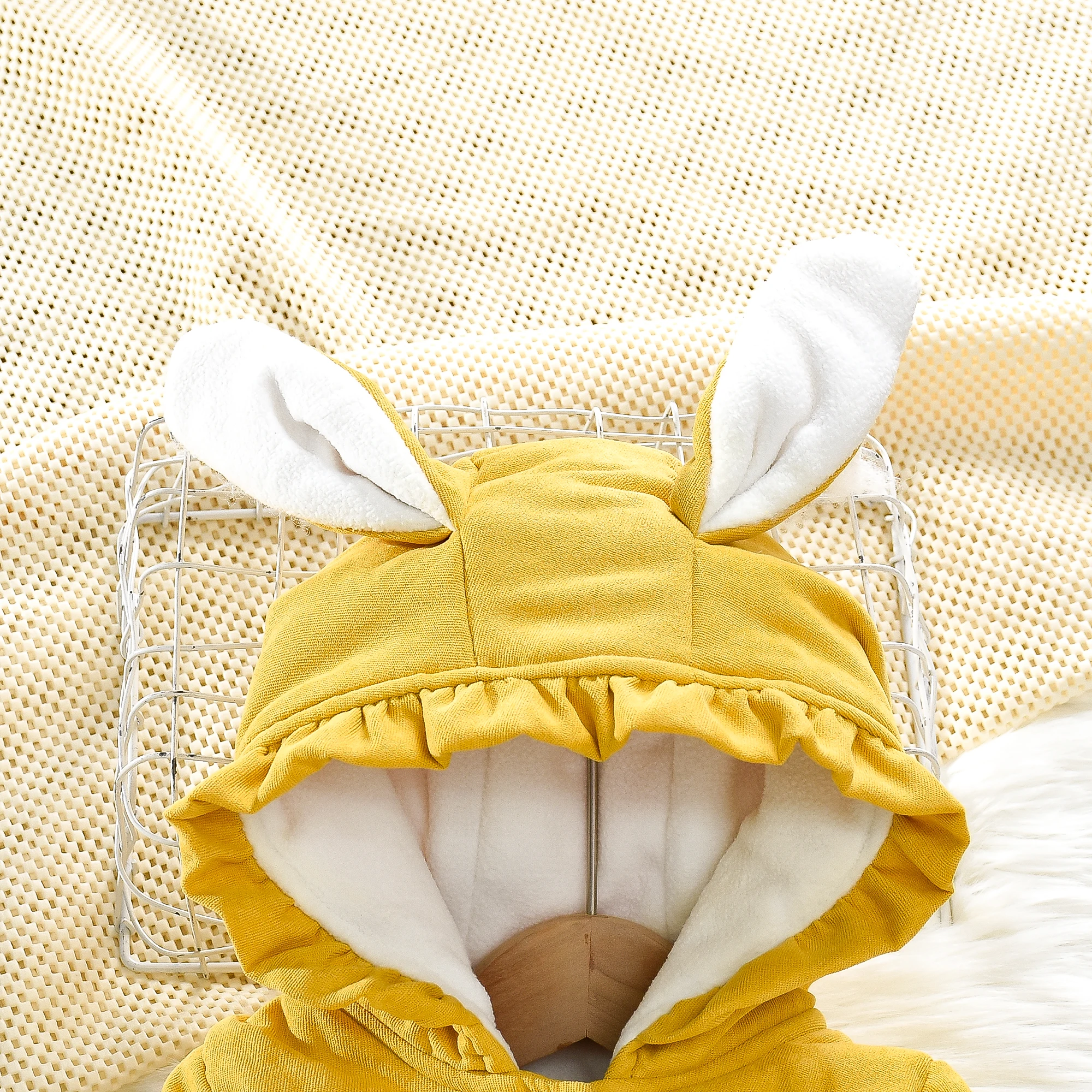 Girl's Cute Cotton Jacket With Star Pockets Hooded Buttons Solid Color Rabbit Ears And Plush Jacket