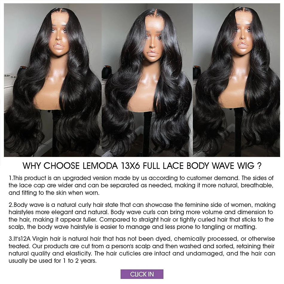 Lemoda 210% Density 13x6 Full Frontal Virgin Human Hair Wigs Body Wave HD Transparent Lace Front Wigs Pre Plucked Brazilian 12A 4