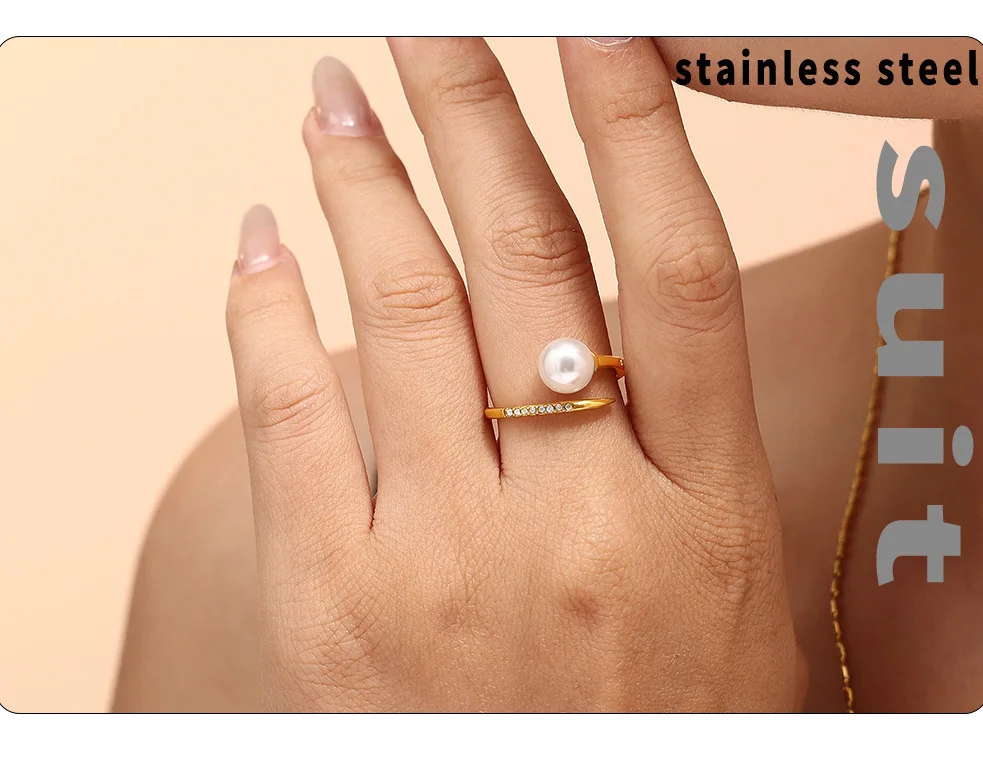 Einzelne Perle eingelegt vergoldet Edelstahl Zirkon ringe für Frauen wunderschönen Charme wasserdichten Fingerring niedlichen Schmuck Geschenk – Detail 4