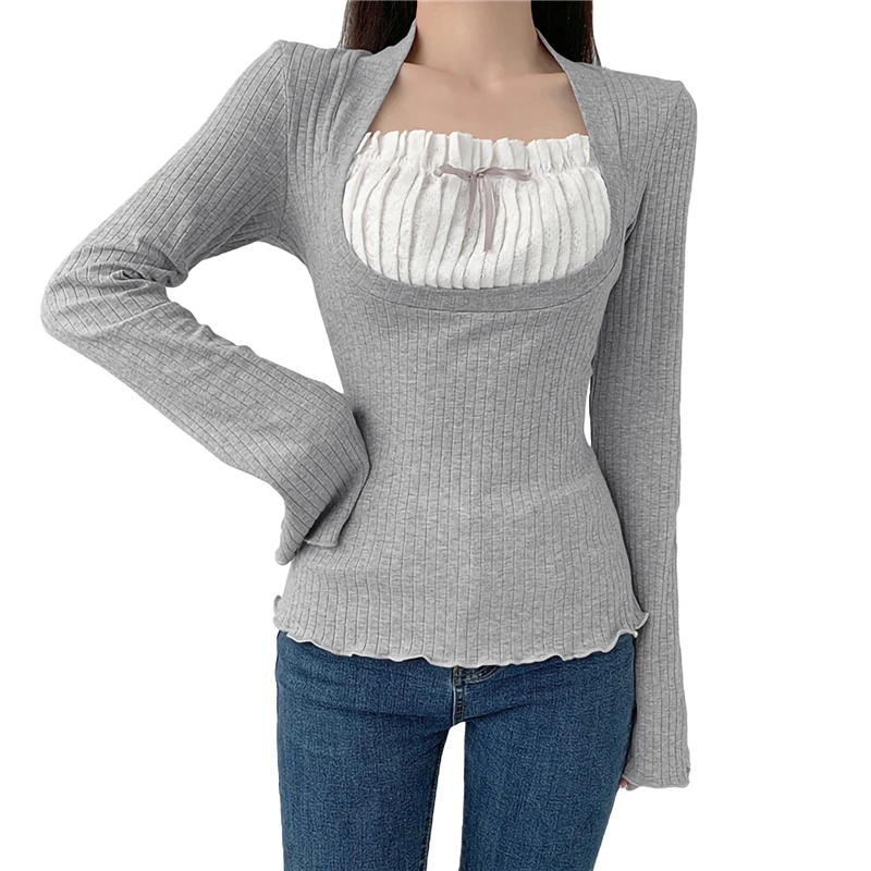 Xingqing Elegant Lady Square Collar T Shirt Kawaii Clothes Fairy Grunge Long Sleeve Ribbed Tops y2k Tees 2000s Women Streetwear 4