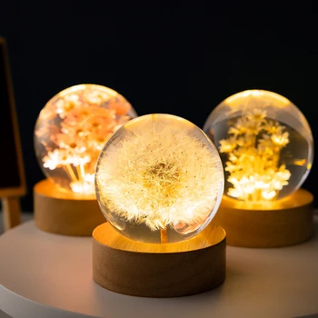 3D Round Ball Night Lamp Flower Crystal Ball Night Light with Wooden Base Office Home Decor Valentine's Day Gift for Men Women 3