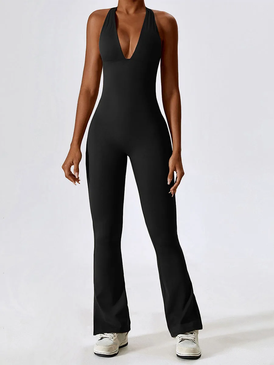 

Women Yoga Jumpsuits Solid Color Tie-Up Halter Neck Sleeveless Workout Bodycon Rompers Flare Pants Bqackless Unitard Playsuits