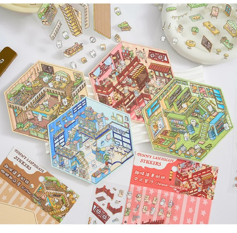 3D House Landscape Stickers Cartoon Coffee Dessert Series Scene DIY Cabin Stacking And Pasting Hand Account Gift Stationery