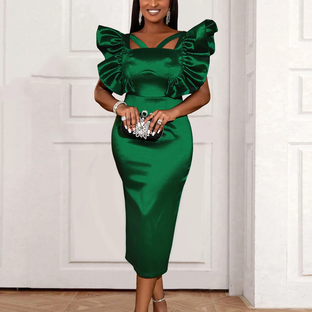 

Elegant Green Dresses for Women Square Neck Ruffles Sleeve Sheath Package Hips Mid Calf Luxury Birthday Party Dinner Vestidos