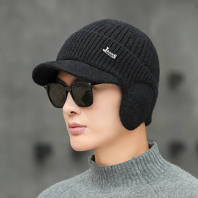 

New Men Winter Hat Add Fleece Warm Earflap Cap Stylish Soft Beanie Dad Hat For Male Outdoor Thicken Ski Sports Knitted Hat