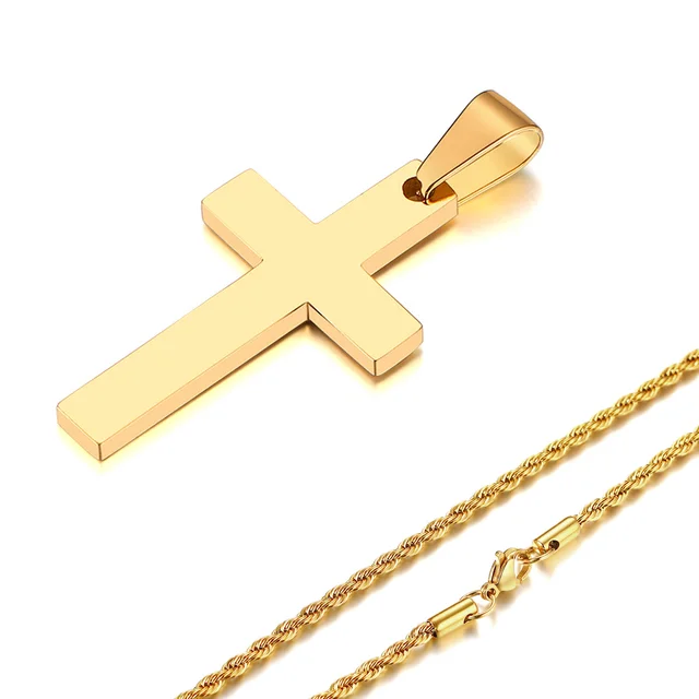 Plain stainless steel cross pendant with rope chain