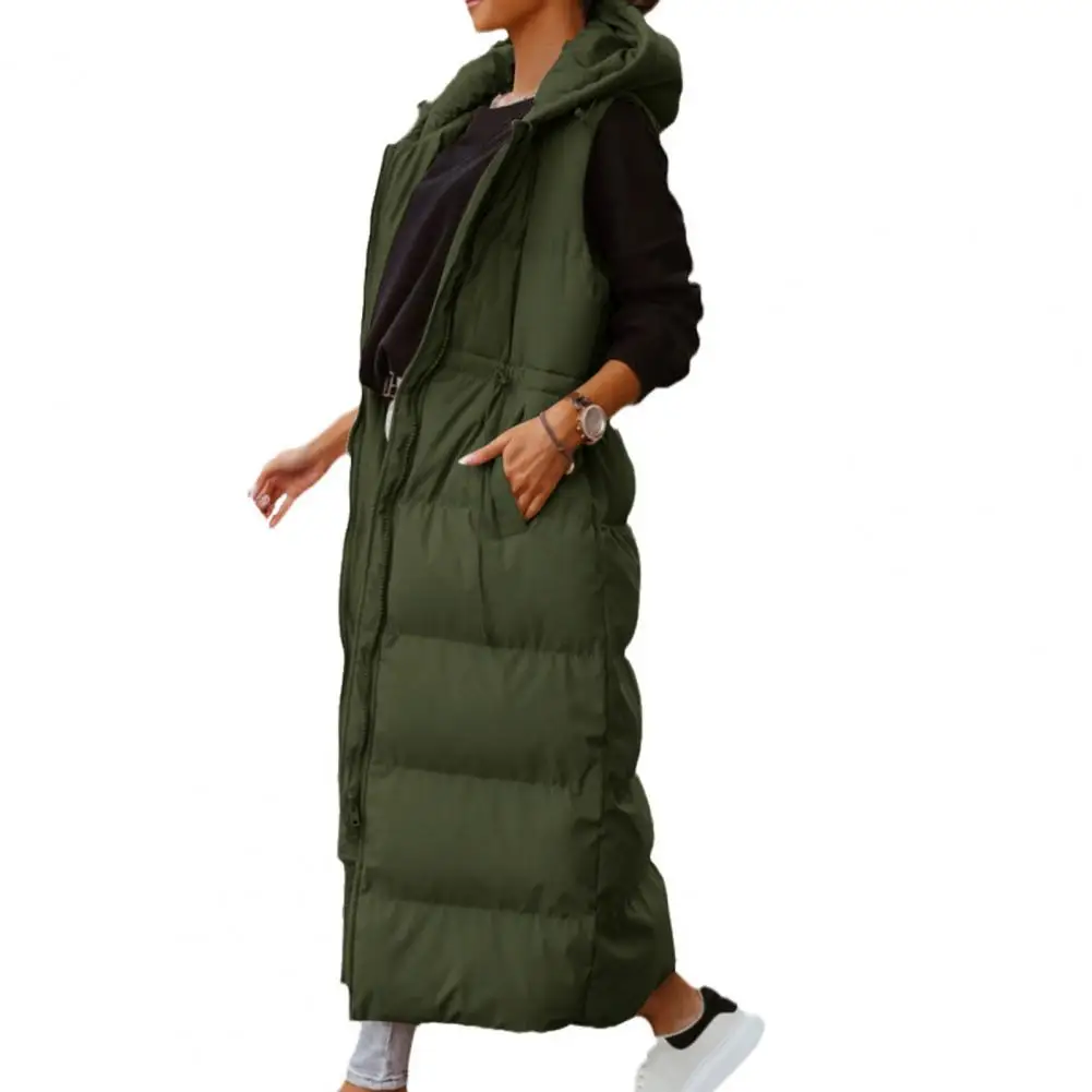 Autumn Winter Women Down Vest Long Zipper Hooded Pockets Sleeveless Coldproof Down Coat Jacket for Outdoor