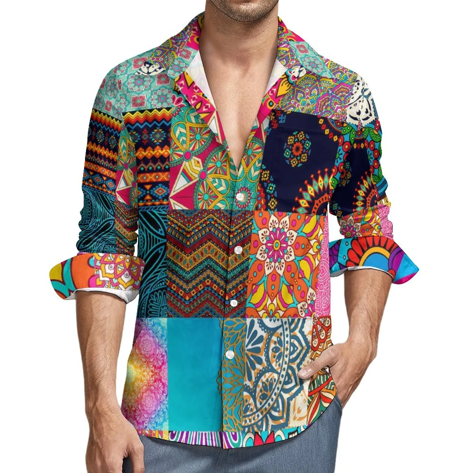 

African Patchwork Print Shirt Men Vintage Casual Shirts Autumn Street Style Graphic Blouses Long Sleeve Cool Oversize Clothing