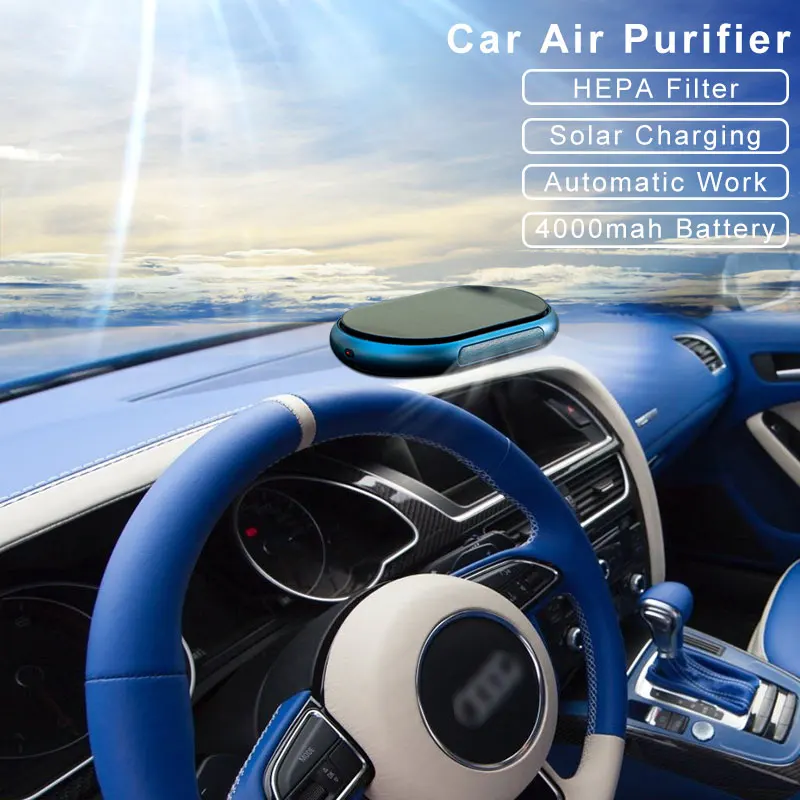 Solar Car Air Purifier 4000mah Smoke Remover HEPA Purifier Breath Protection Smart Interior Air Cleaner Deodorant for Cars Home