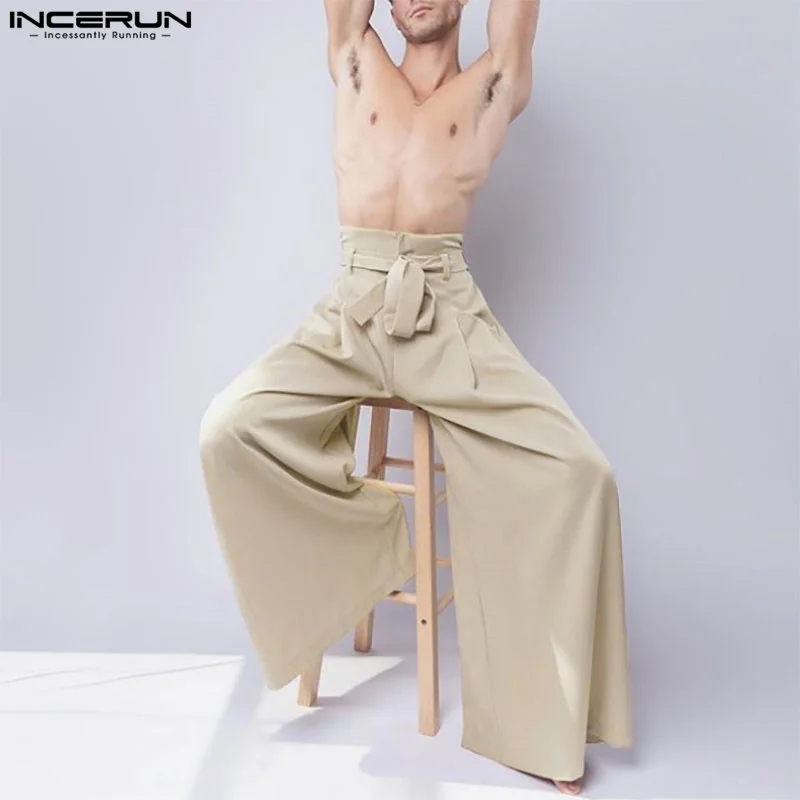 Wide Leg Pants Wide Leg Sweatpants INCERUN Men Pants Joggers Lace Up Solid Color Streetwear Wide Leg Trousers Loose High Waist Casual Pantalon Hombre S-5XL