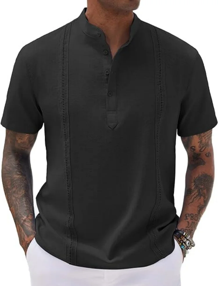 2024 summer new men's short sleeve Henri collar solid color Cuban Guayabera cotton shirt fashion trend beach men's top 5