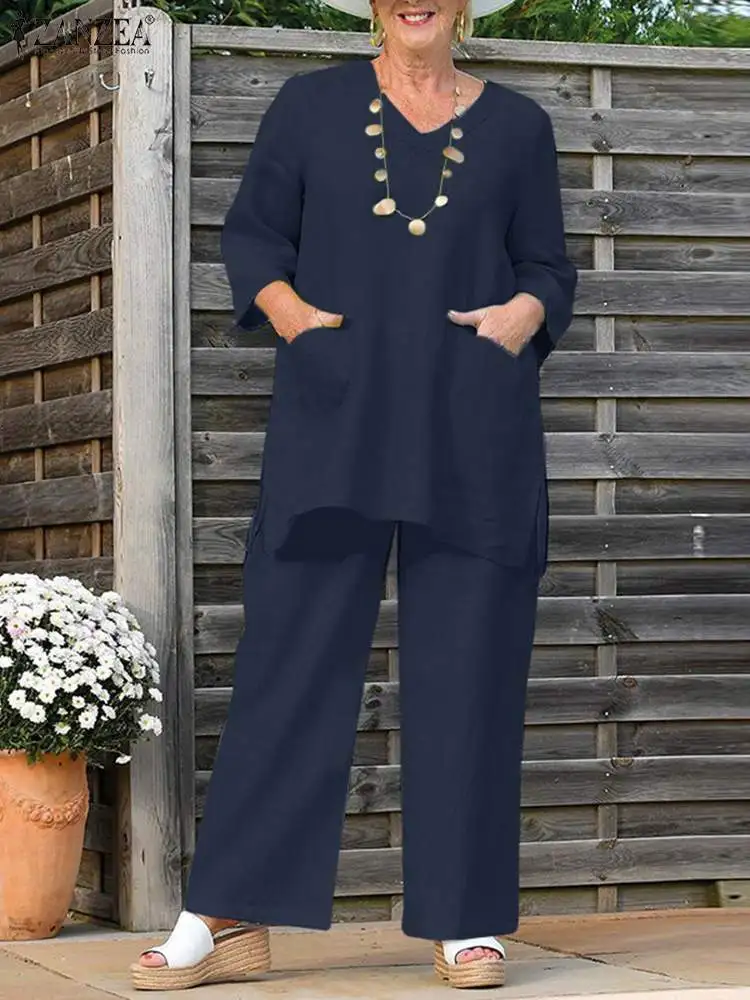 

ZANZEA Women Autumn Fashion Suit 3/4 Sleeve Blouse Pant Sets 2PCS Casual Loose Matching Sets Vintage Urban Tracksuits Oversized