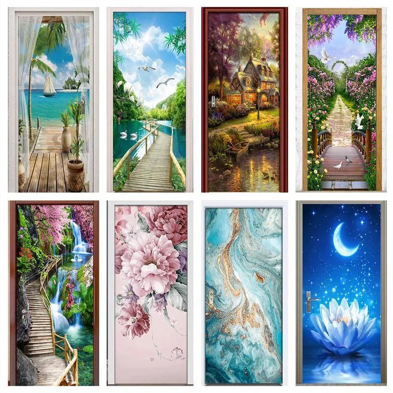 

Modern Creative Stickers On The Door Landscape Flowers 3D Wallpaper Photo Stickers Bedroom Home Decor Wall Papers Decal