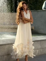 Robe Maxi à volants pour femmes, couleur unie, col en v, sans manches, plissée, taille haute, Chic, Robes de vacances, été, 2025 2