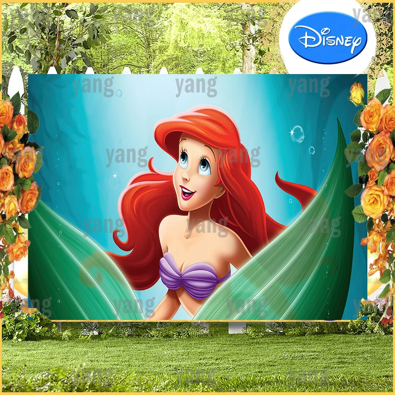 Blue Seaweed And Bubbles Fondale Disney Sirenetta Ariel Princess Background Girls Baby Happy Birthday Party Decoration