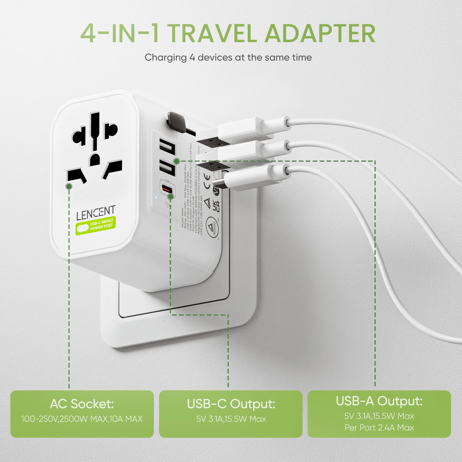 LENCENT Universal Travel Adapter, International Charger with 3 USB Ports  and Type-C PD Fast Charging Adaptor for iPhone, Samsung, Tablet, Gopro. for